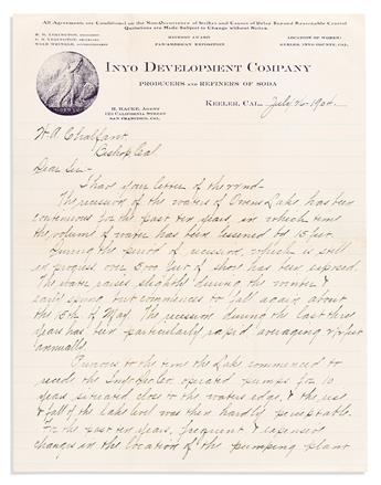 (CALIFORNIA.) Noah Wrinkle. Letter describing the dropping water level at Owens Lake long before it was drained by the Aqueduct.
